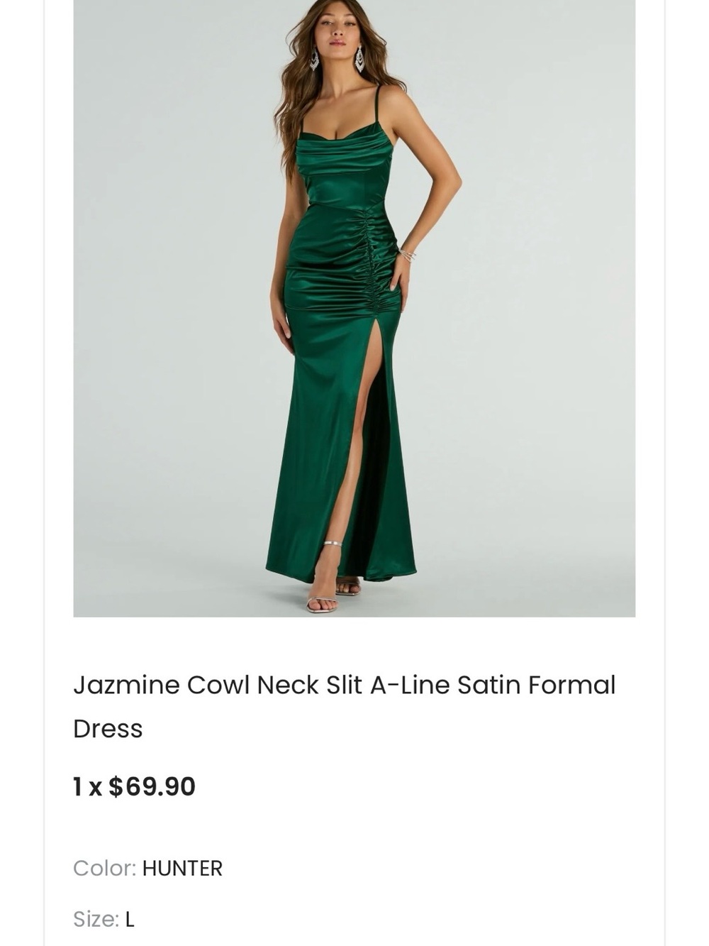 Windsor Hunter Green Cowl Neck Satin Slit Gown